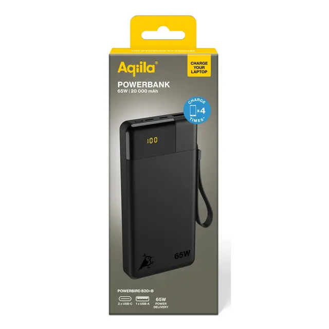 Aqiila Powerbird B20B+ 20000mAh PD 65W Powerbank for mobil og laptop - Sort 