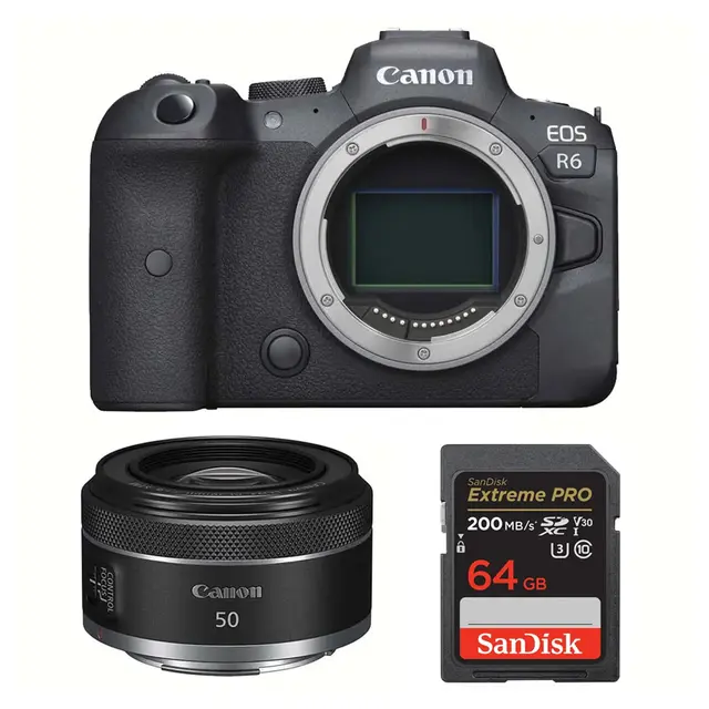 Custodia per fotocamera Canon EOS R6 + obiettivo RF 50mm f/1.8 STM + scheda Sandisk SDXC Extreme Pro 64GB V30