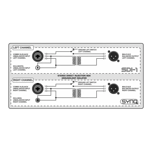 Synq SDI-1 Stereo DI-boks Ubalansert til balansert audio signal 