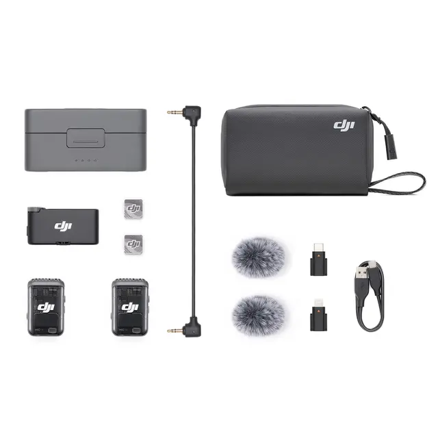 DJI Mic 2 (2 TX + 1 RX + Charging Case) 2 Mic/Sendere, 1 mottaker og ladeetui 
