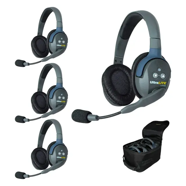 Eartec UltraLite 4 person system w/ 4 Double Headsets, batteries, charger 