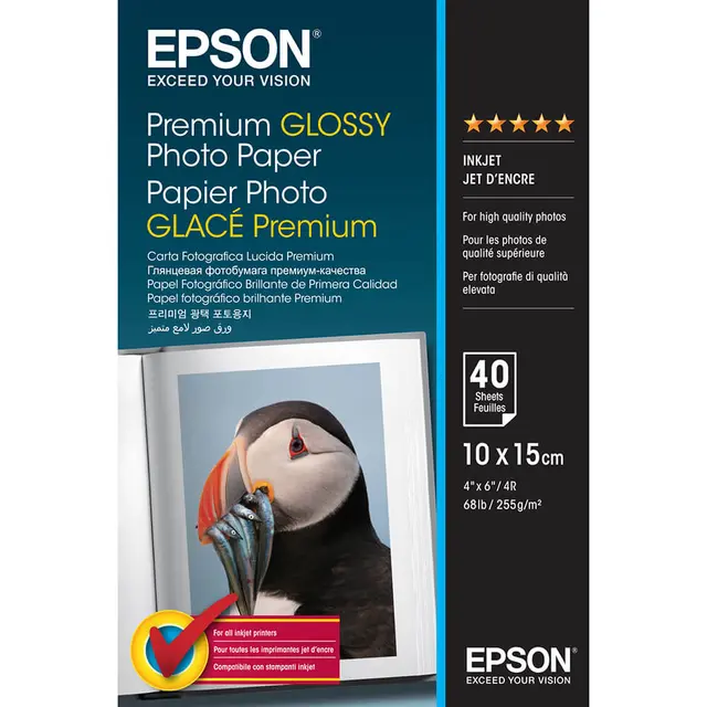 Epson Premium Glossy Photo Paper 10x15cm 40 Ark. 255 gram Blankt fotopapir 