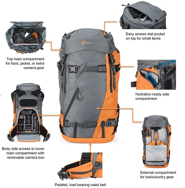 Lowepro Powder BP 500 AW Grey/Orange Fotoryggsekk. Lav vekt. Grå / Orange 
