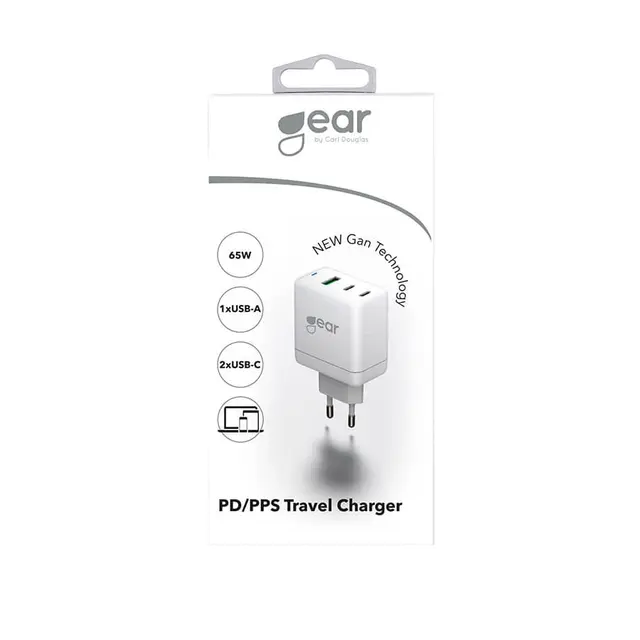Gear Lader GAN 220V 2xUSB-C+1xUSB-A PD Hurtiglader. 45W+18W+5A (total 65W) Hvit 