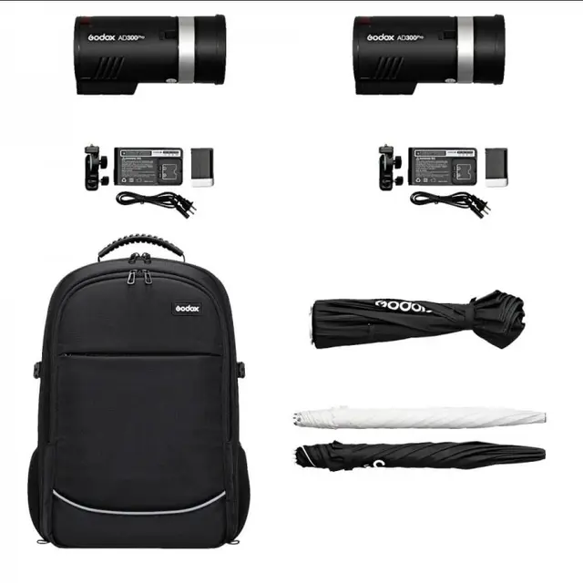 Godox AD300 PRO TTL Dual set 2stk AD300, Paraplyer, ryggsekk 