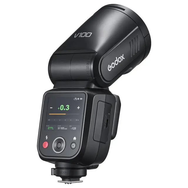 Godox V100 TTL Speedlite for Nikon Kamerablits med rundt hode. Nikon TTL 