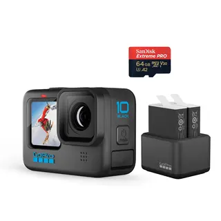GoPro HERO10 Black pakke + 2 batterier, 64GB kort, dobbeltlader