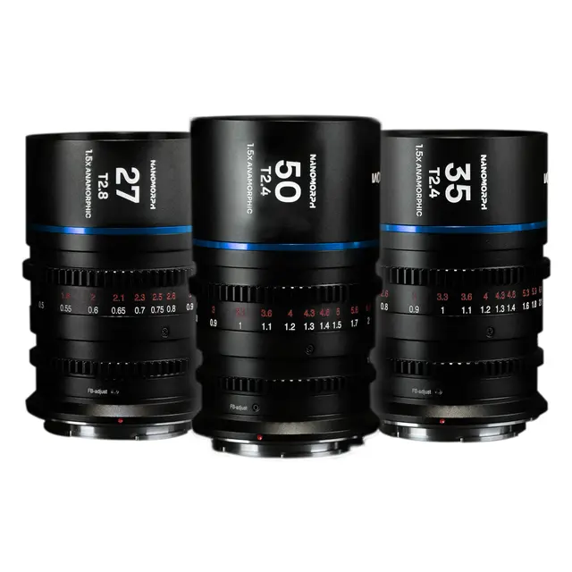Laowa Nanomorph S35 Prime 3-Lens Bundle Sony E. 27mm, 35mm, 50mm. Blue 