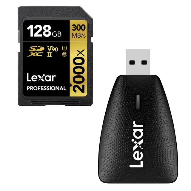 Lexar Pro 2000X SDXC UHS-II U3 128GB + Lexar kortleser SD & MicroSD USB-A 