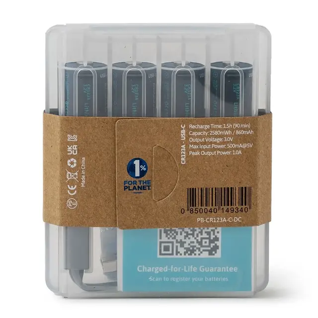 Pale Blue CR123 Oppladbare Batterier 4-pack med USB-C ladekabel 