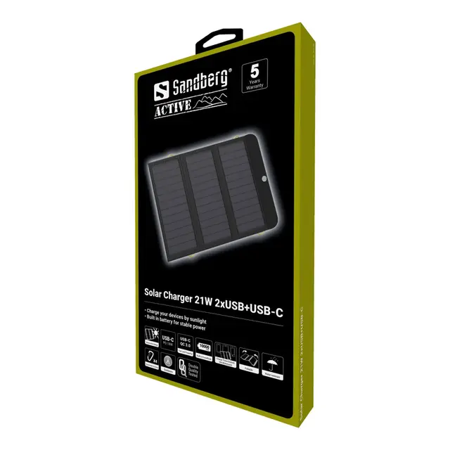 Sandberg Solar Charger 21W 2xUSB USB-C Solcellelader 2xUSB+USB-C 