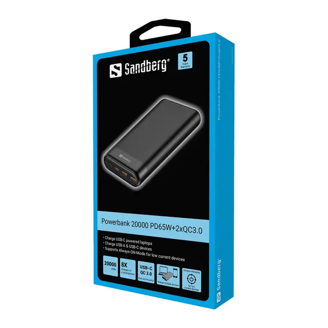 Sandberg Powerbank PD65W 2x QC3.0 20000 mAh 