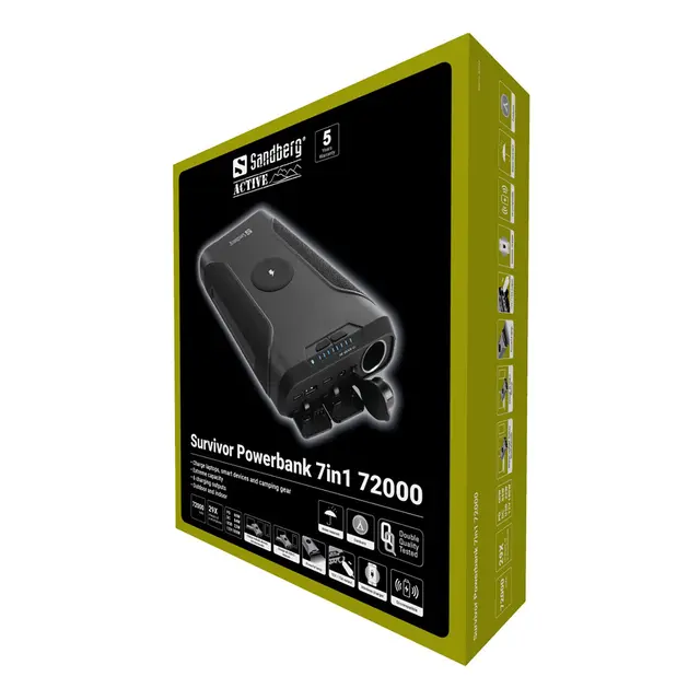 Sandberg Survivor Powerbank 7in1 PD 72000 mAh 2x USB-C, Lykt Rød/Hvitt lys 