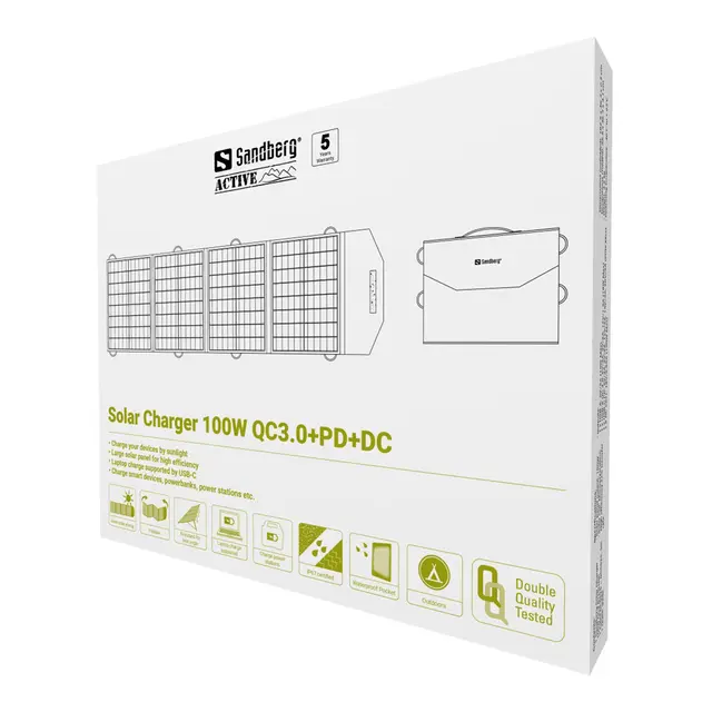 Sandberg Solar Charger 100W QC3.0+PD+DC Solcelle lader for PC, Powerbank m.m. 