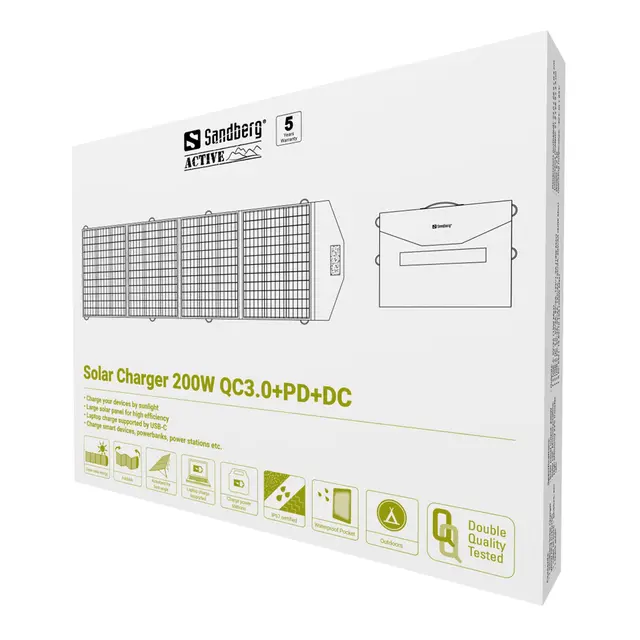 Sandberg Solar Charger 200W QC3.0+PD+DC Solcelle lader for PC og Powerbank m.m. 