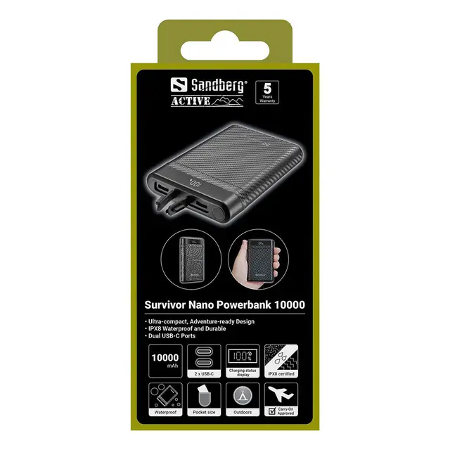 Sandberg Survivor Nano Powerbank 10000 IPX8 klassifisert nødbatteri. PD 20W 