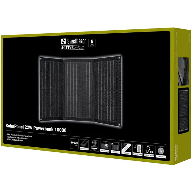 Sandberg SolarPanel 22W Powerbank 10000 Solcellelader m/ Powerbank. PD 20W utgan 