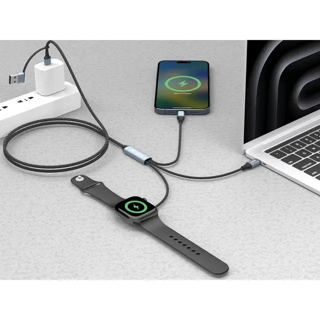 Sandberg 3-in-1 Travel Charge Cable 100W 1,2m kabel USB-C + A - USB-C Apple Watch 