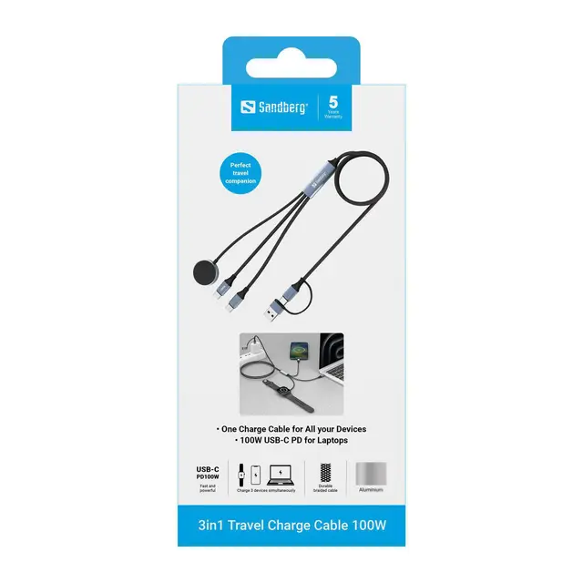 Sandberg 3-in-1 Travel Charge Cable 100W 1,2m kabel USB-C + A - USB-C Apple Watch 