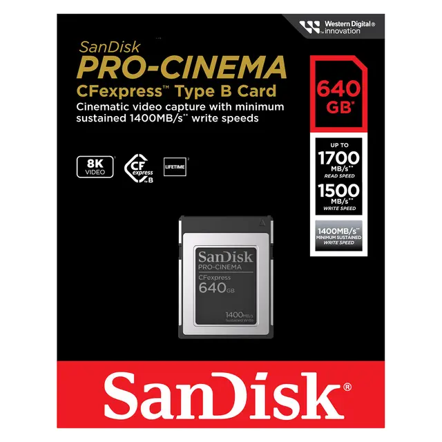 Sandisk 640GB CFexpress Type B ProCinema 640GB. R1700MB/s W 1400MB/s 
