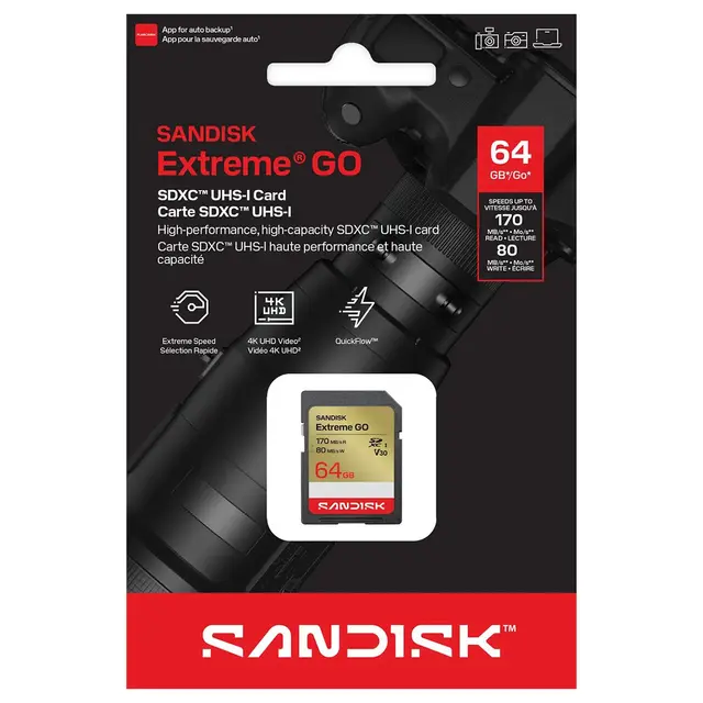 Sandisk SDXC Extreme GO 64GB V30 64GB. 170/80MB/s C10 UHS-I U3 