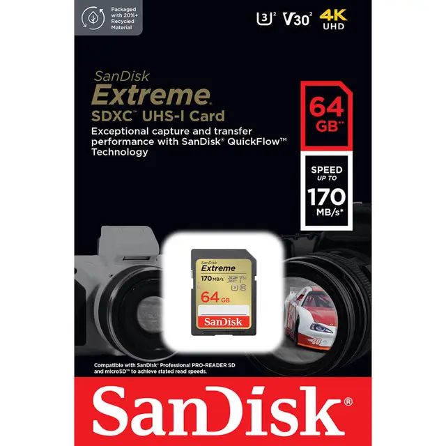 Sandisk SDXC Extreme 64GB 170MB/s UHS-I C10 V30 U3 