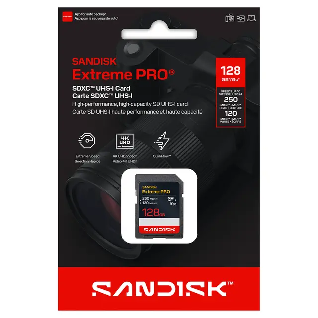 Sandisk SDXC Extreme Pro 128GB V30 128GB. 250/120MB/s C10 UHS U3 RPD2 