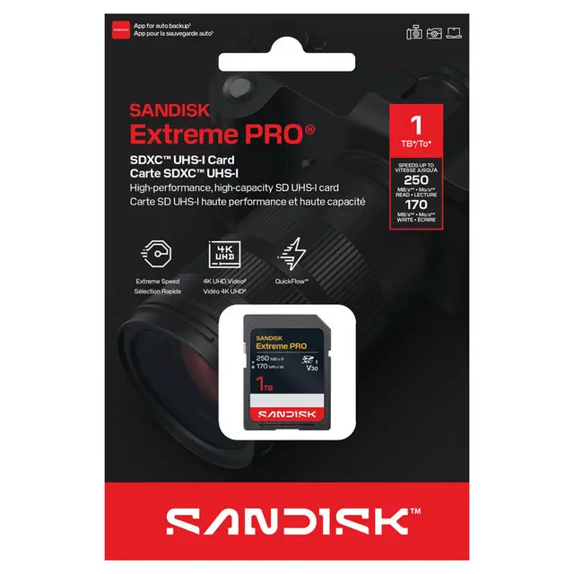 Sandisk SDXC Extreme Pro 1TB V30 1TB. 250/170MB/s C10 UHS U3 RPD2 