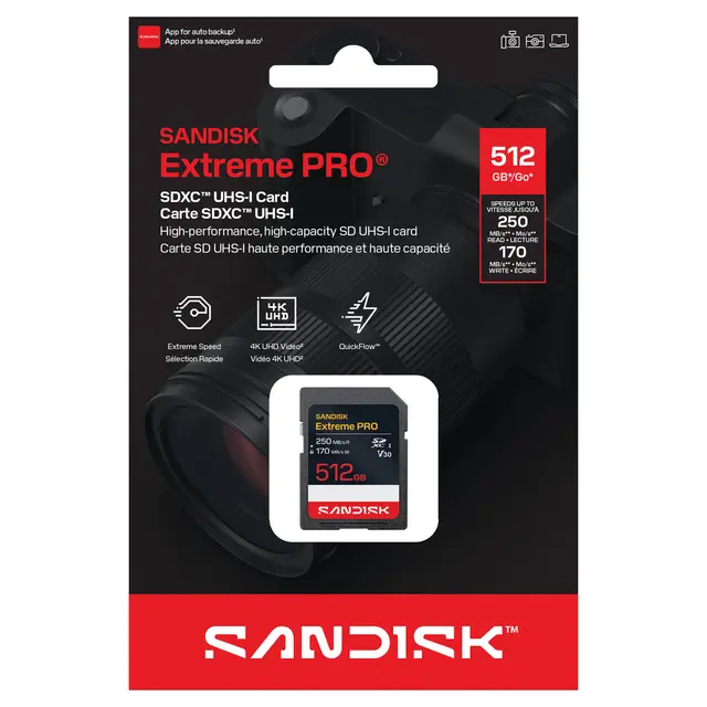 Sandisk SDXC Extreme Pro 512GB V30 512GB. 250/170MB/s C10 UHS U3 RPD2 