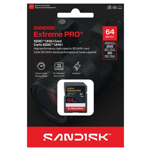 Sandisk SDXC Extreme Pro 64GB V30 64GB. 200/90MB/s C10 UHS U3 RPD2 
