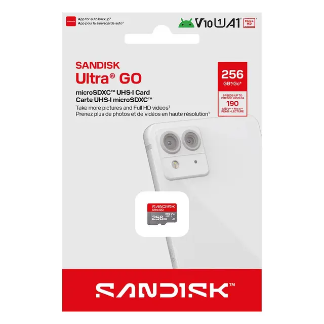 Sandisk microSDXC Ultra GO 256GB 256GB. 190MB/s. A1 C10 V10 UHS-I 