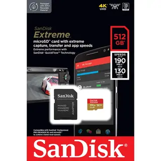 Sandisk MicroSDXC Extreme 512GB Adapter 190MB/s A2 C10 V30
