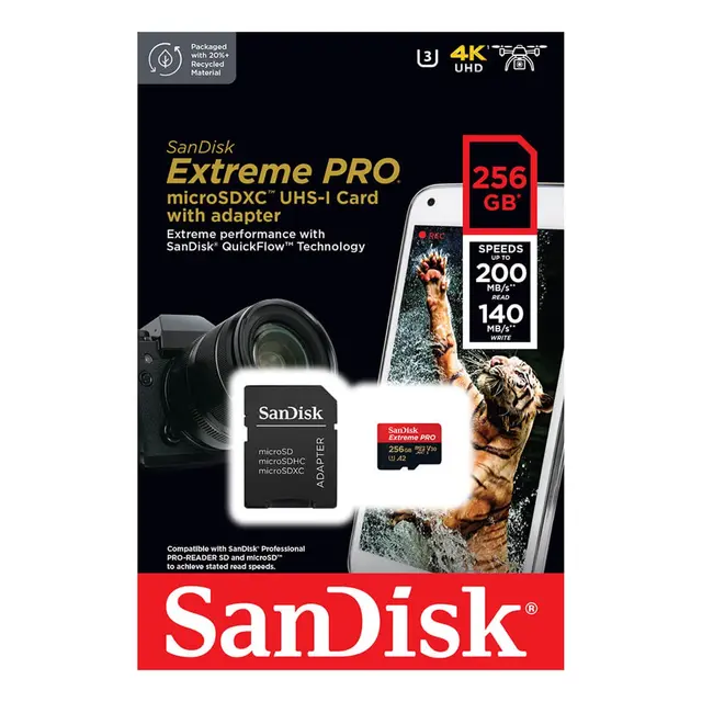 Sandisk MicroSDXC Extreme Pro 256GB 200MB/s A2 C10 V30 UHS-I m/adapter 