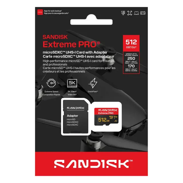 Sandisk microSDXC Extreme Pro 512GB 512GB. R250/W170. C10 V30 UHS-I 