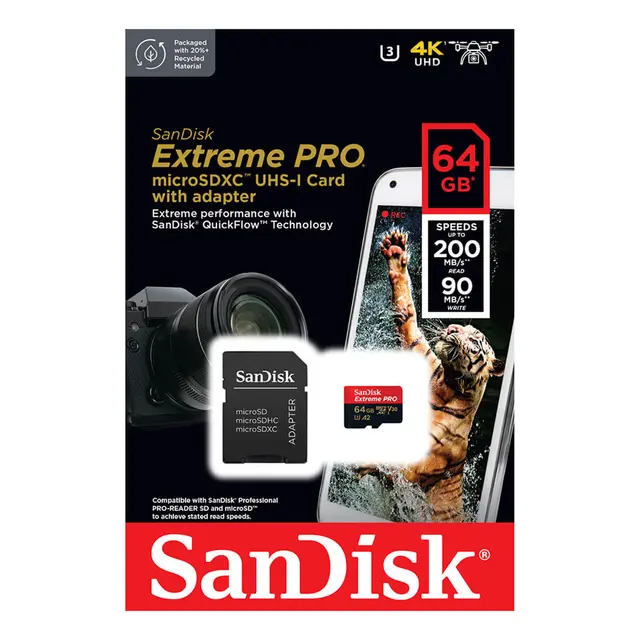 Sandisk MicroSDXC Extreme Pro 64GB 200MB/s A2 C10 V30 UHS-I m/adapter 