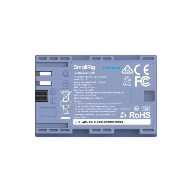 SmallRig 5406 Camera Battery LP-E6P Blå Kamerabatteri med USB-C ladeplugg 