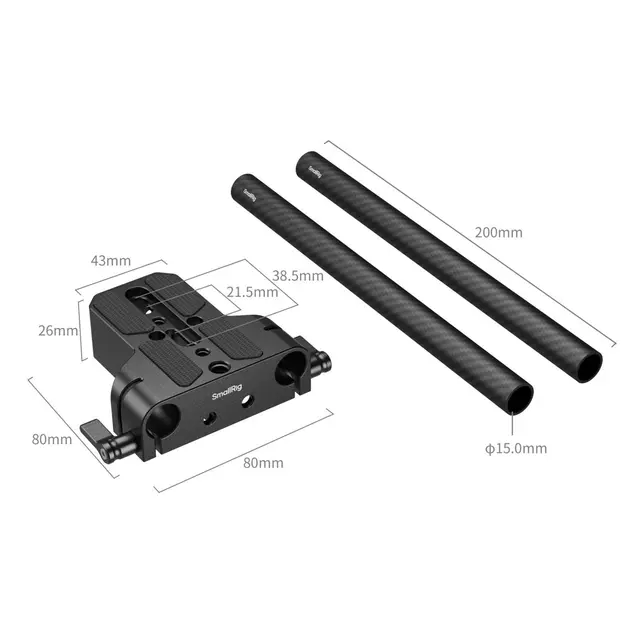 SmallRig 5609 Mount Plate Dual 15mm Rod Baseplate m/ 2stk 20cm Carbon ROD 