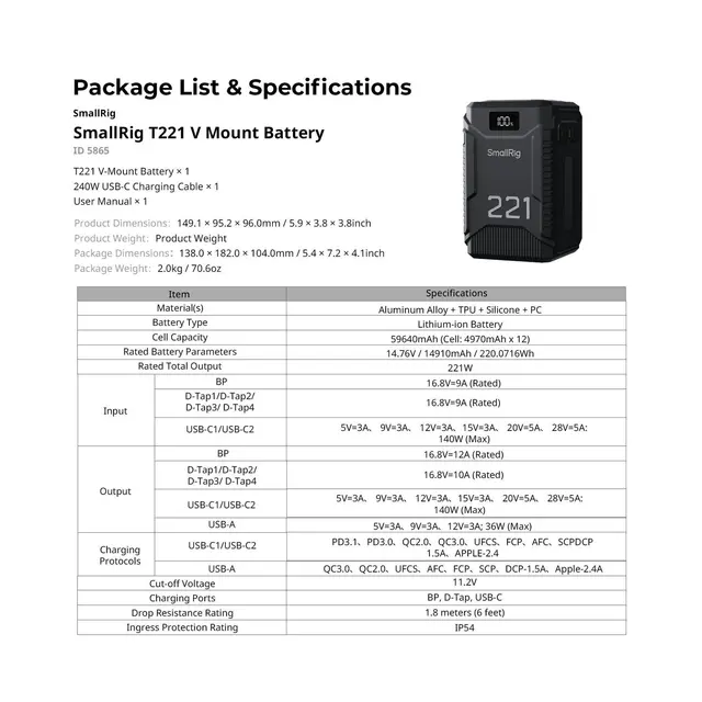 SmallRig 5865 T221 Triple-Proof Battery 1,8m Drop-Resistant IP54 Water/Dustproof 