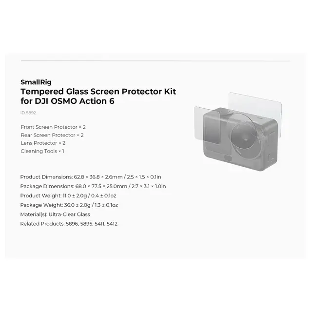 SmallRig 5892 Tempered Glass Screen Protector Kit DJI Osmo Action 6 