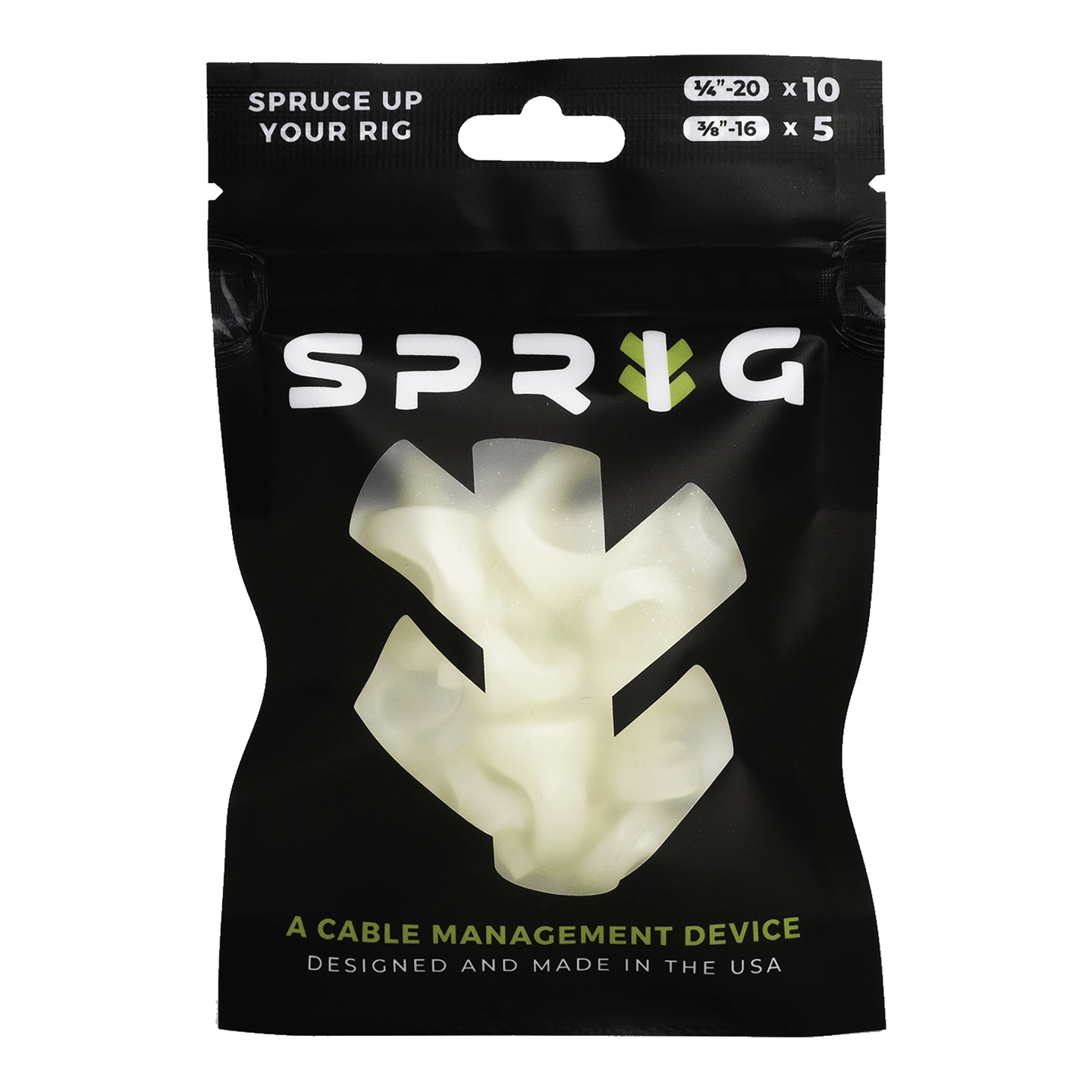Sprig Cable M. Glow-in-the-dark Value pk 10x 1/4” Sprigs + 5x 3/8” Big Sprigs