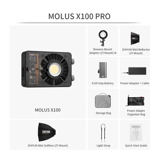 Zhiyun LED Molus X100 COB Bi-C. Pro 100W LED Bi-Color m/Batteri + reflektor 