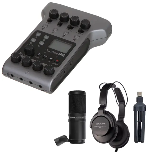 Zoom PodTrak P4 + Zoom ZDM-1 Podcast Mic Opptaker, Headset, bordstativ, hette 