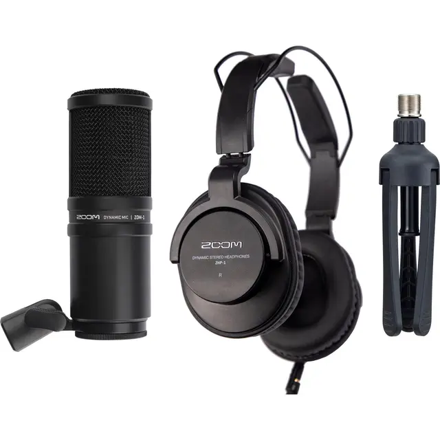 Zoom PodTrak P4 + Zoom ZDM-1 Podcast Mic Opptaker, Headset, bordstativ, hette 